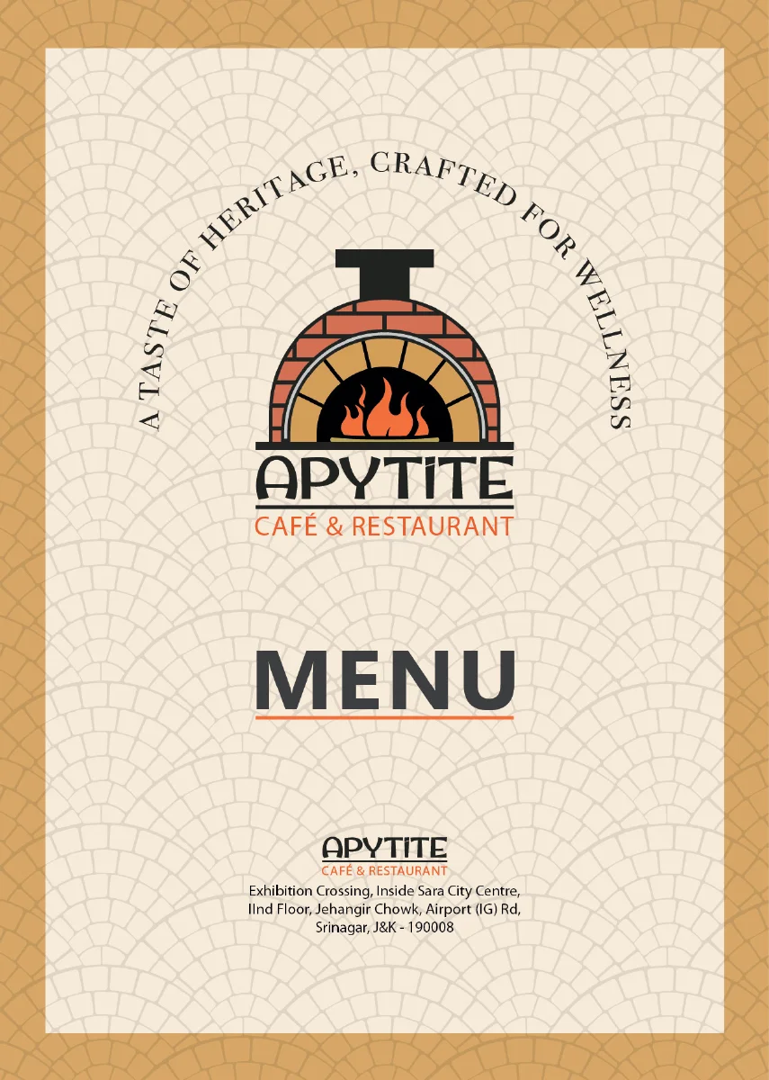 APYTITE's original menu cover with oven logo and cream mosaic pattern